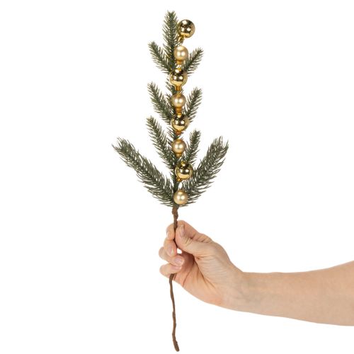 Product Artificial fir branch with gold-colored mini Christmas tree baubles, 46cm, 2 pieces