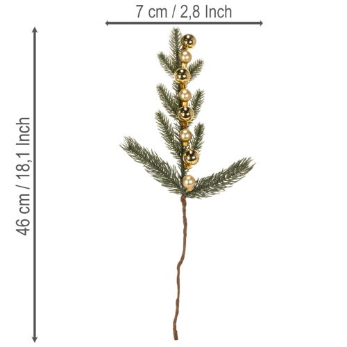 Artificial fir branch with gold-colored mini Christmas tree baubles, 46cm, 2 pieces | Floristik24.co.uk