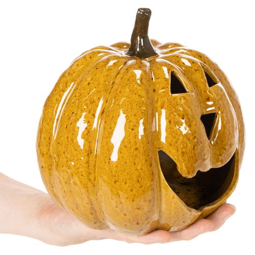 Ceramic Pumpkin with Face LED Decoration 19cm Yellow for Indoor Use | Floristik24.co.uk