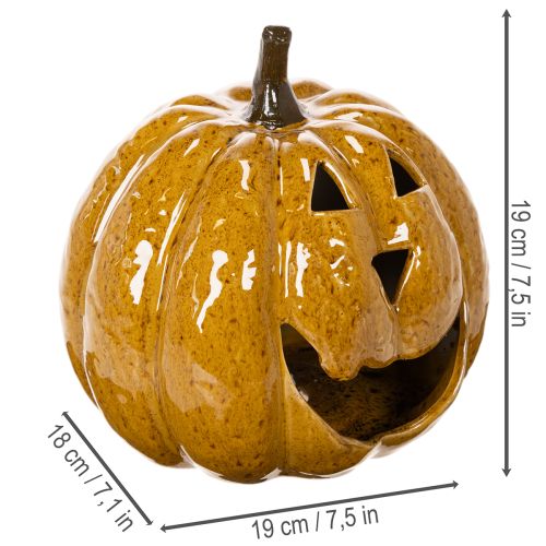 Ceramic Pumpkin with Face LED Decoration 19cm Yellow for Indoor Use | Floristik24.co.uk