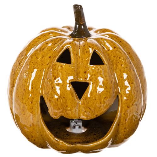 Ceramic Pumpkin with Face LED Decoration 19cm Yellow for Indoor Use | Floristik24.co.uk
