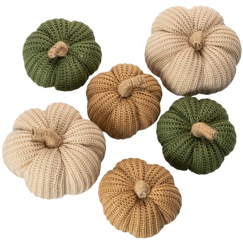 Knitted Decorative Pumpkins Set – Autumn Decor, 6 Pieces, 10cm & 8cm, Brown, Beige, Green