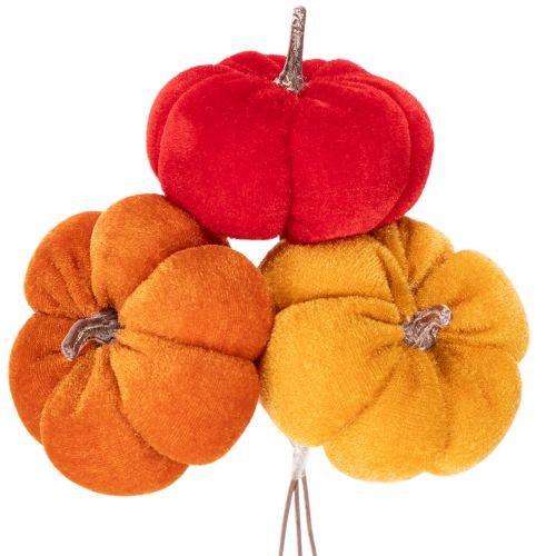 Velvet Artificial Pumpkins on Wire, Tri-Coloured Autumn Decoration Set, 8cm, Pack of 9 | Floristik24.co.uk