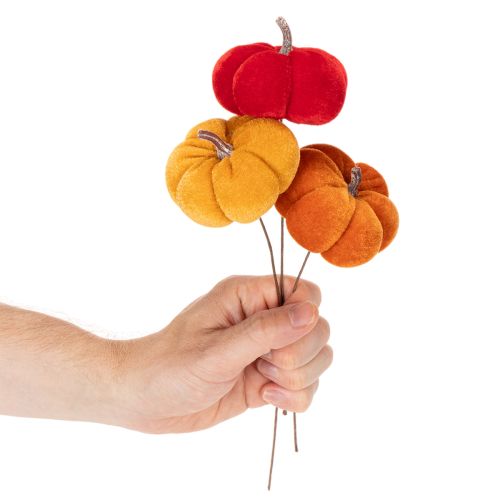Velvet Artificial Pumpkins on Wire, Tri-Coloured Autumn Decoration Set, 8cm, Pack of 9 | Floristik24.co.uk