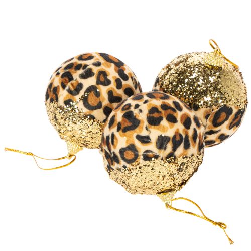 Christmas Baubles Leopard Print with Gold Glitter 7cm Set of 3 | Floristik24.co.uk