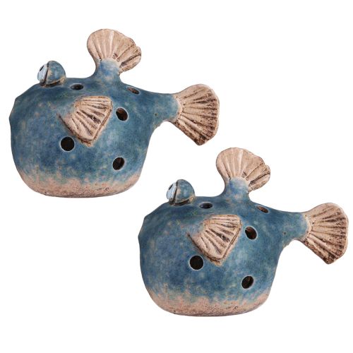 Product Puffer Fish for Tealight Ceramic Decoration Fish Blue 15cm 2pcs