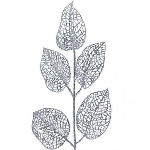 Product Artificial plants, branch decoration, deco leaf silver glitter L36cm 10p