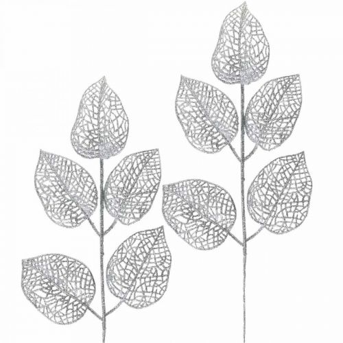 Artificial plants, branch decoration, deco leaf silver glitter L36cm 10p