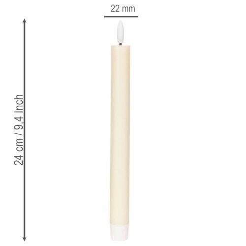 ProductNameCream White Real Wax LED Taper Candles, 24 cm, Warm White Light, Six Hour Timer, Set of 2/ProductName
ProductDescription<h2>LED Taper Candles for Indoor Table and Home Decor</h2>
<p>This set contains two cream white LED taper candles made from | Floristik24.co.uk