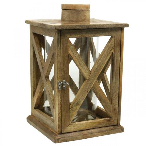 Lantern wood large with glass lantern antique look 25×25×41cm