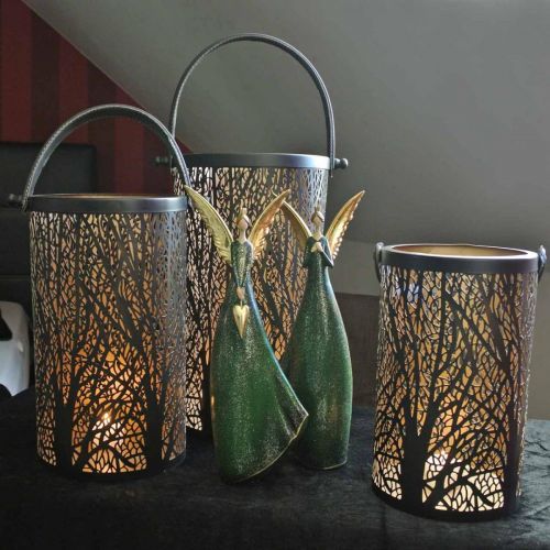 Metal lantern, lantern with tree, autumn decoration, black, golden Ø20 / 19 / 14cm H23.5 / 17 / 12.5cm