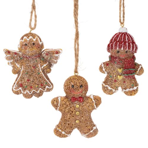 Artificial Gingerbread Hanging Decorations Set of 3, Polyresin, 7cm, Brown, Red, and White