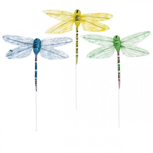 Summer decoration, dragonflies on wire, decorative insects yellow, green, blue W10.5cm 6pcs