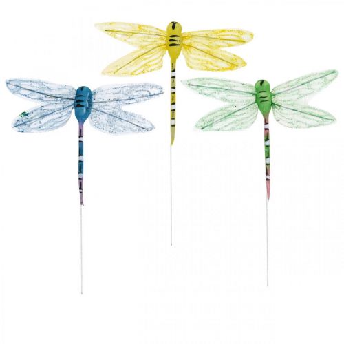 Summer decoration, dragonflies on wire, decorative insects yellow, green, blue W10.5cm 6 pcs