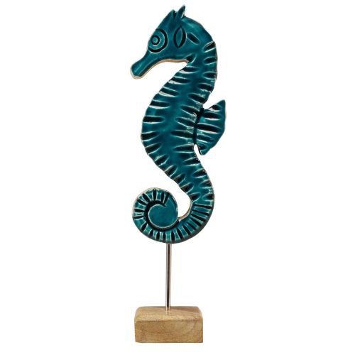 Product Maritime decoration seahorse on stand mango wood turquoise 19.5cm