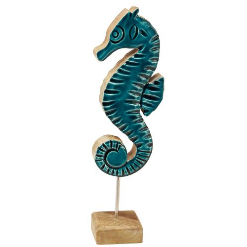 Product Maritime decoration seahorse on stand mango wood turquoise 19,5cm