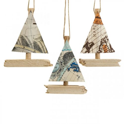 Product Maritime decoration sailboat wooden ship deco hanger small H12cm 3pcs