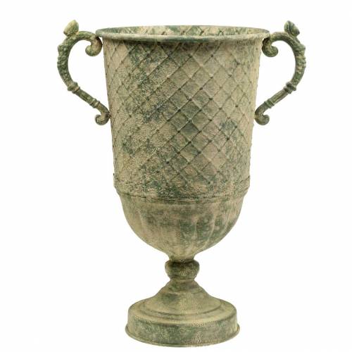Floristik24 Decorative cup with diamond pattern, antique look, metal, moss green, Ø24.5cm H45cm