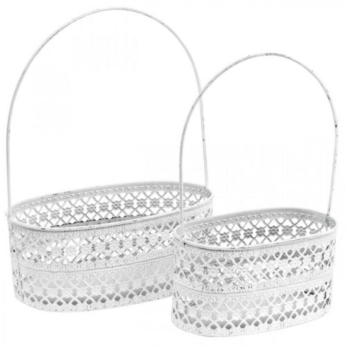 Floristik24 Metal basket oval, decorative vessel for planting white, silver vintage look L17 / 22cm H25 / 28cm set of 2