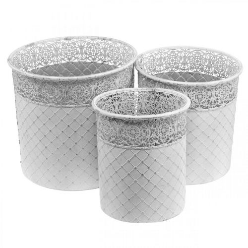 Product Plant pot with lace pattern, metal vessel, decorative bucket white, silver shabby chic H28/25.5/23.5 cm Ø29.5/25.5/20 cm set of 3