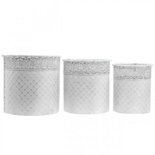 Product Plant pot with lace pattern, metal vessel, decorative bucket white, silver shabby chic H28/25.5/23.5 cm Ø29.5/25.5/20 cm set of 3