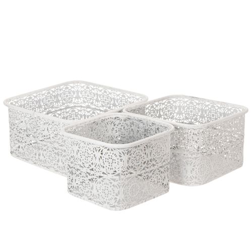 Floristik24 Metal bowls with lace pattern, decorative container, square, shabby chic, white, 27/23/19cm, H13.5cm, set of 3