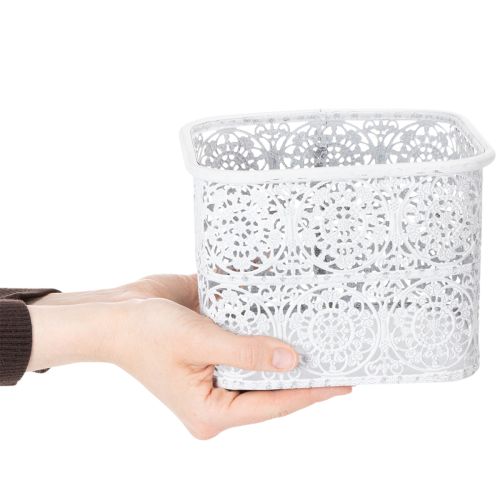 Product Metal bowls with lace pattern, decorative container, square, shabby chic, white, 27/23/19cm, H13.5cm, set of 3