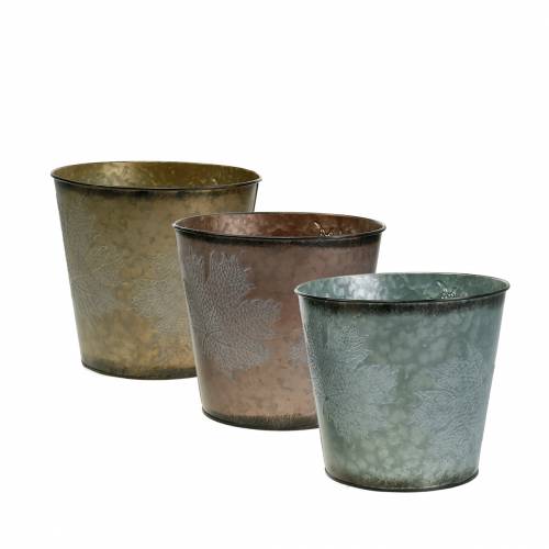 Floristik24 Decorative plant pot with leaves zinc metallic gray, orange, brown Ø17cm H14.5cm 3pcs