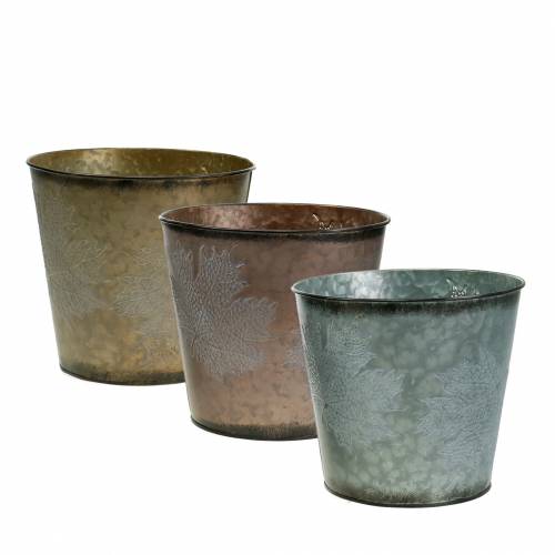 Floristik24 Decorative plant pot with leaves zinc metallic gray, orange, brown Ø18.5cm H15.5cm 3pcs