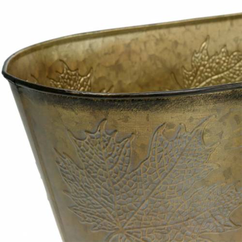 Floristik24 Decorative plant pot with leaves oval zinc metallic gray, orange, brown 38 × 20cm H15cm 3pcs