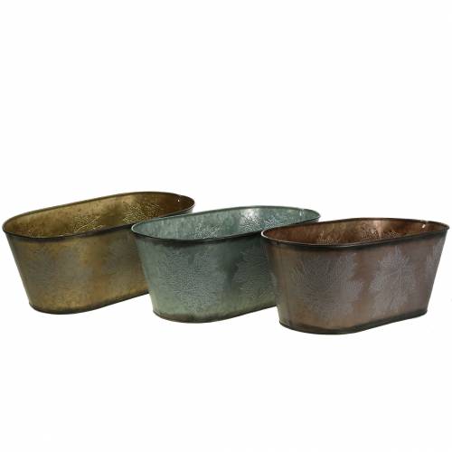 Decorative plant pot with leaves oval zinc metallic gray, orange, brown 38 × 20cm H15cm 3pcs