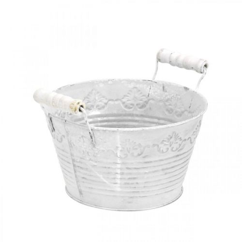 Product Decorative bowl for planting, pot with wooden handles, metal decoration white, silver Ø16.5cm H12.5cm W20cm