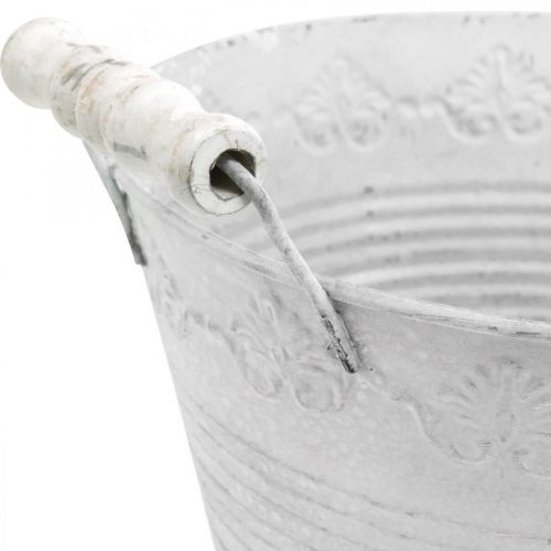 Product Embossed planter, decorative bowl with wooden handles, metal pot white, silver Ø18.5cm H12cm W22cm