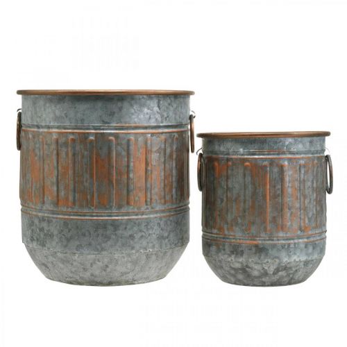 Floristik24 Decorative bowl with handles, plant pot, metal vessel, silver, copper-colored, antique look H31 / 24.5cm, Ø29.5 / 22cm, set of 2