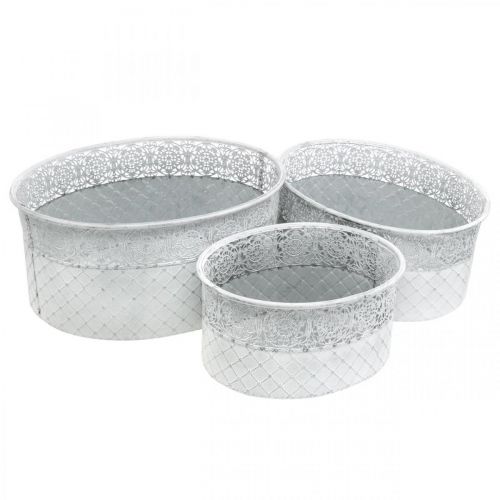 Product Bowl for planting, metal vessel with lace pattern, decorative pot oval white, silver shabby chic L41.5/35/29.5 cm H19/16/14.5 cm set of 3