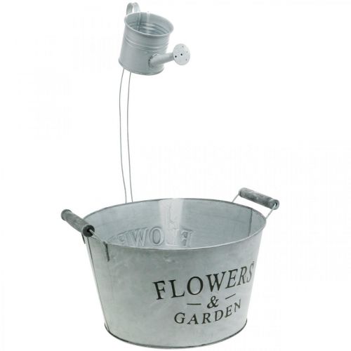 Product Planting bowl with watering can, garden decoration, metal planter for planting silver white washed H41cm Ø28cm/Ø7cm