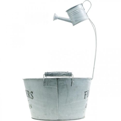 Product Planting bowl with watering can, garden decoration, metal planter for planting silver white washed H41cm Ø28cm/Ø7cm