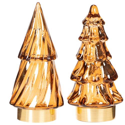 Glass Christmas Tree LED Decoration, Battery-Operated, 13cm, Set of 2, Brown and Gold | Floristik24.co.uk