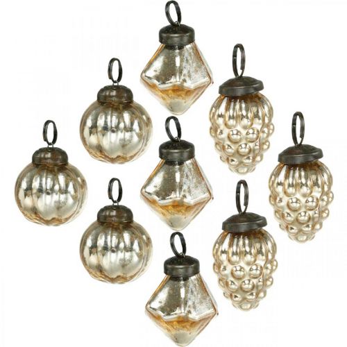 Floristik24 Mini tree balls, diamond / ball / cone, tree hangings mix antique look Ø3–3.5cm H4.5–5.5cm 9pcs