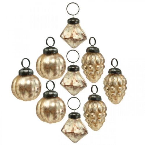 Floristik24 Mini glass ball mix, diamond / ball / cone, tree decorations, antique look Ø3–3.5cm H4.5–5.5cm 9pcs