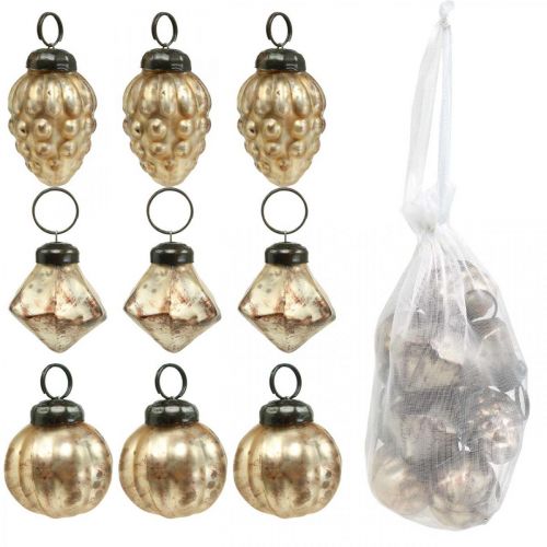 Floristik24 Mini glass ball mix, diamond / ball / cone, tree decorations, antique look Ø3–3.5cm H4.5–5.5cm 9pcs