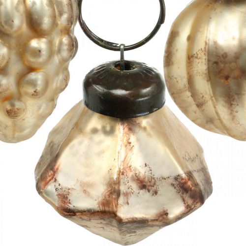 Product Mini glass ball mix, diamond / ball / cone, tree decorations, antique look Ø3–3.5cm H4.5–5.5cm 9pcs