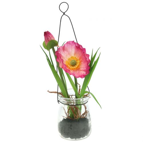Poppy in glass for hanging Pink H22cm