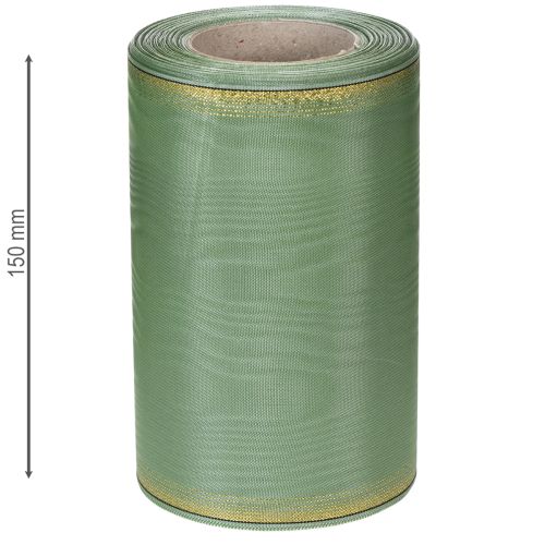Product Moiré wreath ribbon sage green with gold edge, 150mm x 25m, decorative ribbon for floristry and wreaths
