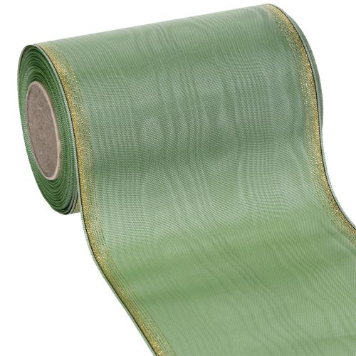 Moiré wreath ribbon sage green with gold edge, 150mm x 25m, decorative ribbon for floristry and wreaths