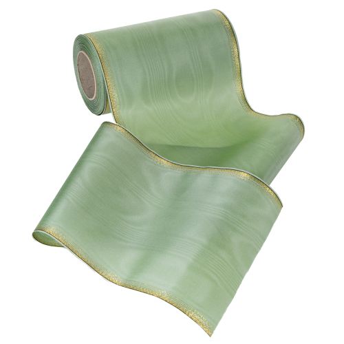 Product Moiré wreath ribbon sage green with gold edge - 175mm x 25m - decorative ribbon for floristry &amp; celebrations