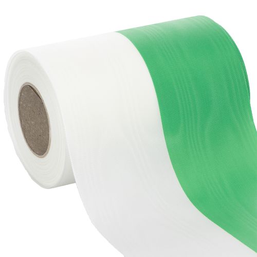 Product Moiré wreath ribbon green-white 150mm, decorative ribbon, bow ribbon, taffeta quality 25m