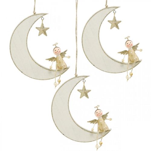 Floristik24 Advent decoration, angel on moon, wooden decoration for hanging white, golden H14.5cm W21.5cm 3 pcs