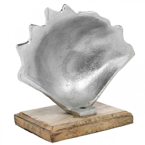 Product Shell to set up, maritime metal decoration with wooden base silver, natural 16 × 19cm