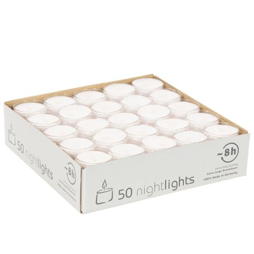 Nightlights Tealights White in Plastic Tray 8 Hours 50 Pieces | Floristik24.co.uk